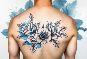 Black and white roses and carnations with blue watercolour behind feminine tattoo idea