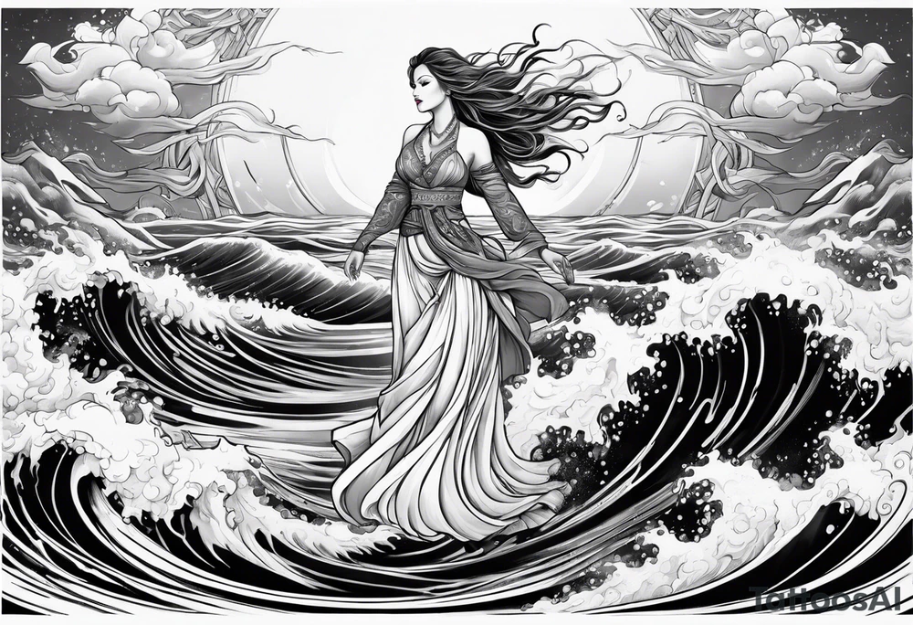 goddess, stormy sea, full length tattoo idea