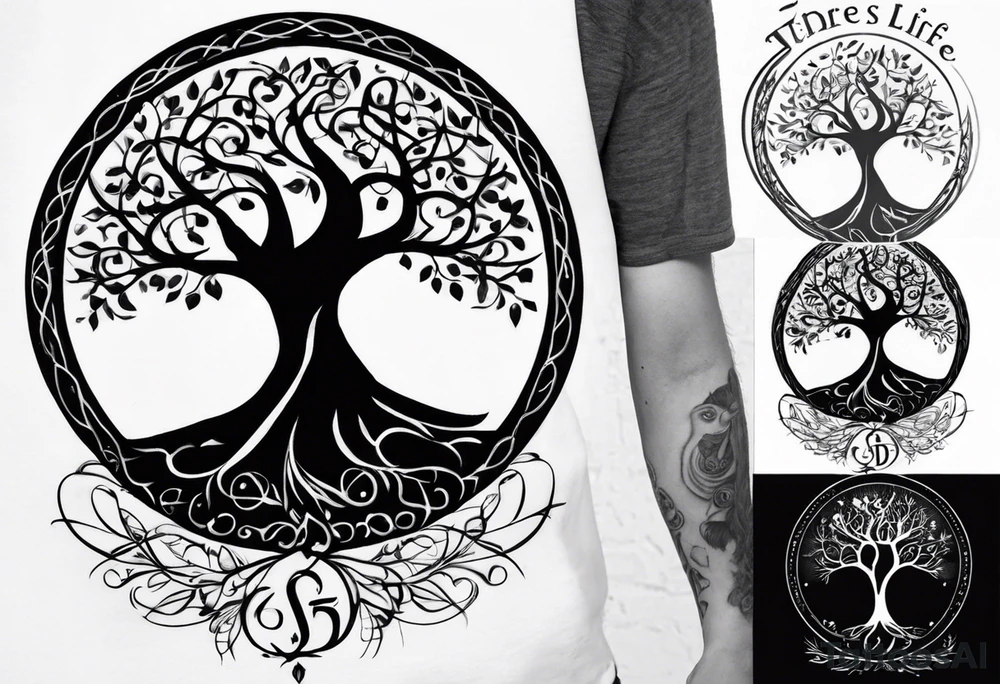 Circular tree of life, with "D3" in the branches, and, "S" and "J" in the roots tattoo idea