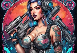 cyborg pinup girl holding massive weapon, retro futurism tattoo idea