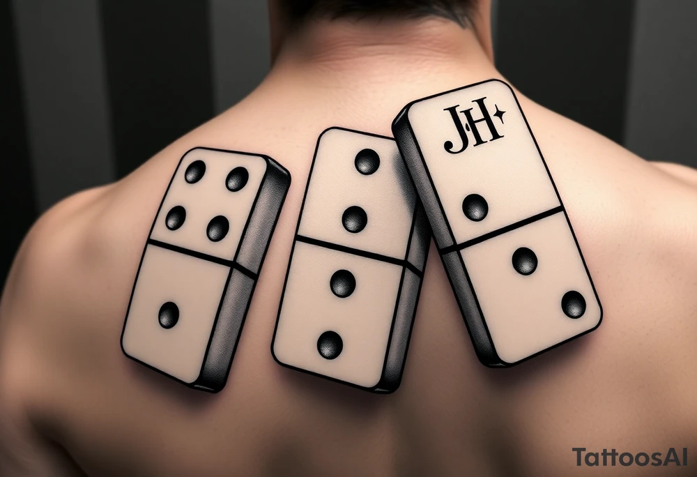 attoo design of three domino tiles falling like in a real domino chain reaction, captured in motion. Retro realistic black and grey shading, not fine-line. The tiles show: one with 8 (4+4), one with 7 (4+3), one with 6 (six dots on the bottom half). On the top half of the domino with 6, add the initials ‘JH’ in elegant retro lettering. Dynamic perspective, sense of motion, vintage realistic tattoo style.“ tattoo idea