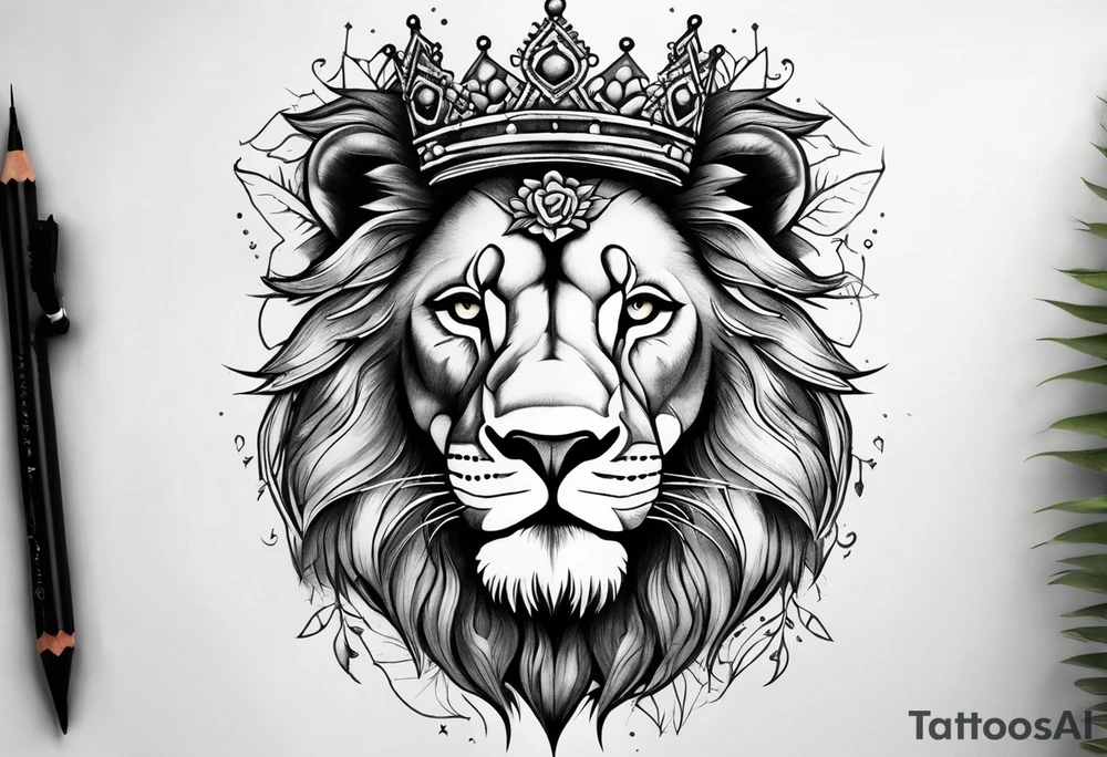 I want a detailed lion with a cross scar over his eye and a crown and the thorns on his head with maybe a little bit of floral work in the crown tattoo idea