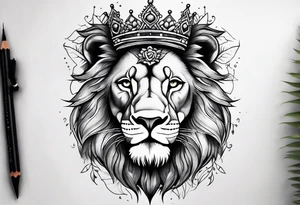 I want a detailed lion with a cross scar over his eye and a crown and the thorns on his head with maybe a little bit of floral work in the crown tattoo idea
