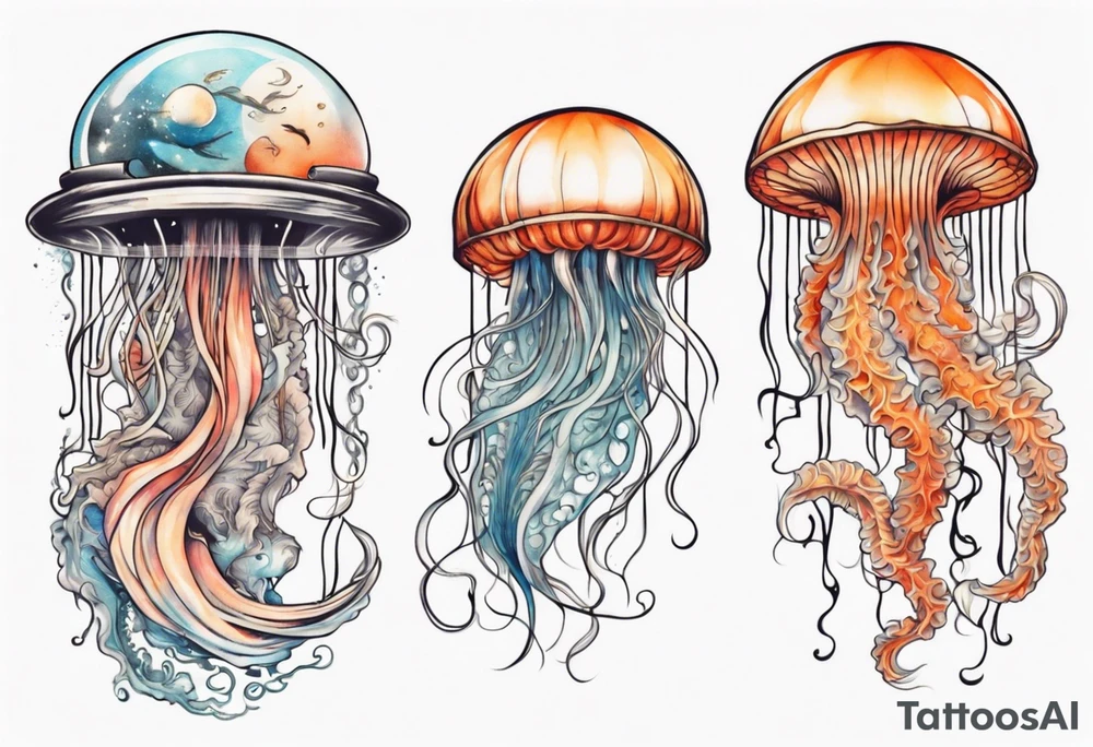 1 jellyfish with the moon in the lid. Then with koi carp and jellyfish swimming amongst the tentacles tattoo idea