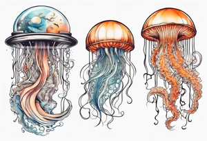 1 jellyfish with the moon in the lid. Then with koi carp and jellyfish swimming amongst the tentacles tattoo idea