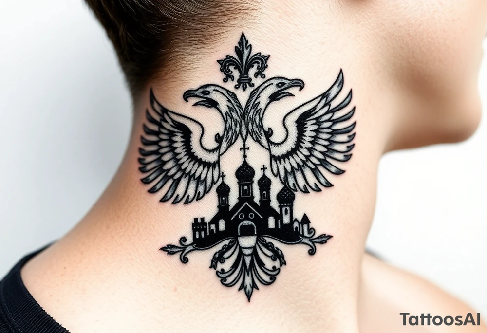 Traditional authentic Russian coat of arms with double headed eagle & a Christian orthodox virgin marry in the middle and silhouette in a Russian wilderness Christian orthodoxy dome church village setting on the side of my neck tattoo idea