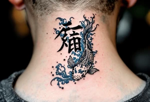 静 (jìng, “serenity”) in pale blue flows beside a koi fish to represent calm persistence. tattoo idea