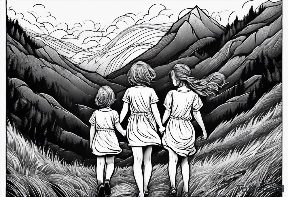 two sisters with one brother on the middle hugging together walking up hill through storm tattoo idea