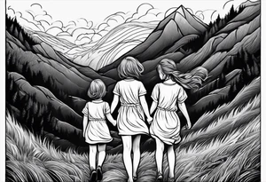 two sisters with one brother on the middle hugging together walking up hill through storm tattoo idea