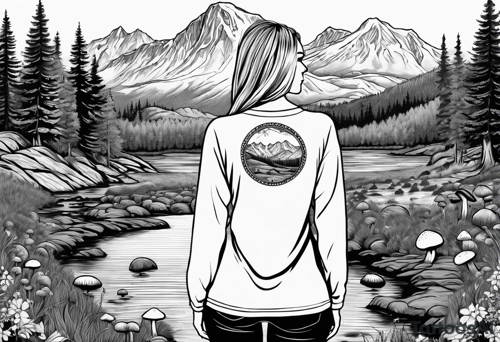 Whole picture encircled fully

Straight long blonde hair hippie girl in distance holding mushrooms in hand facing away toward mountains and creek surrounded by mushrooms long sleeve shirt and hiking pants; whole rendering within a full circle, no cut off circle tattoo idea