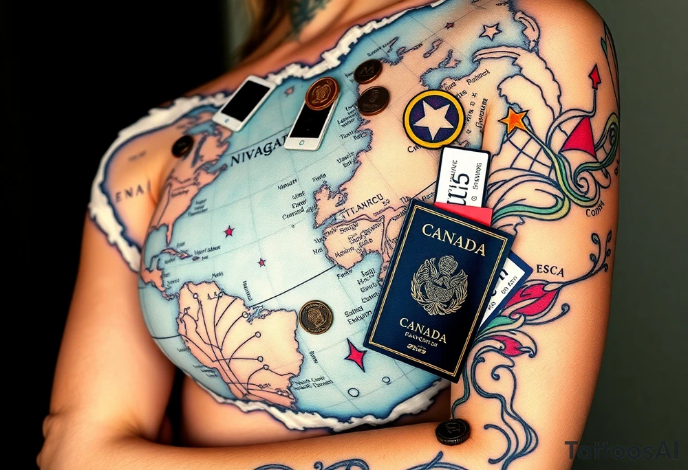 Navigator map with torn/burnt edges, with polaroids, coins, open Canadian passport, and show tickets tattoo idea
