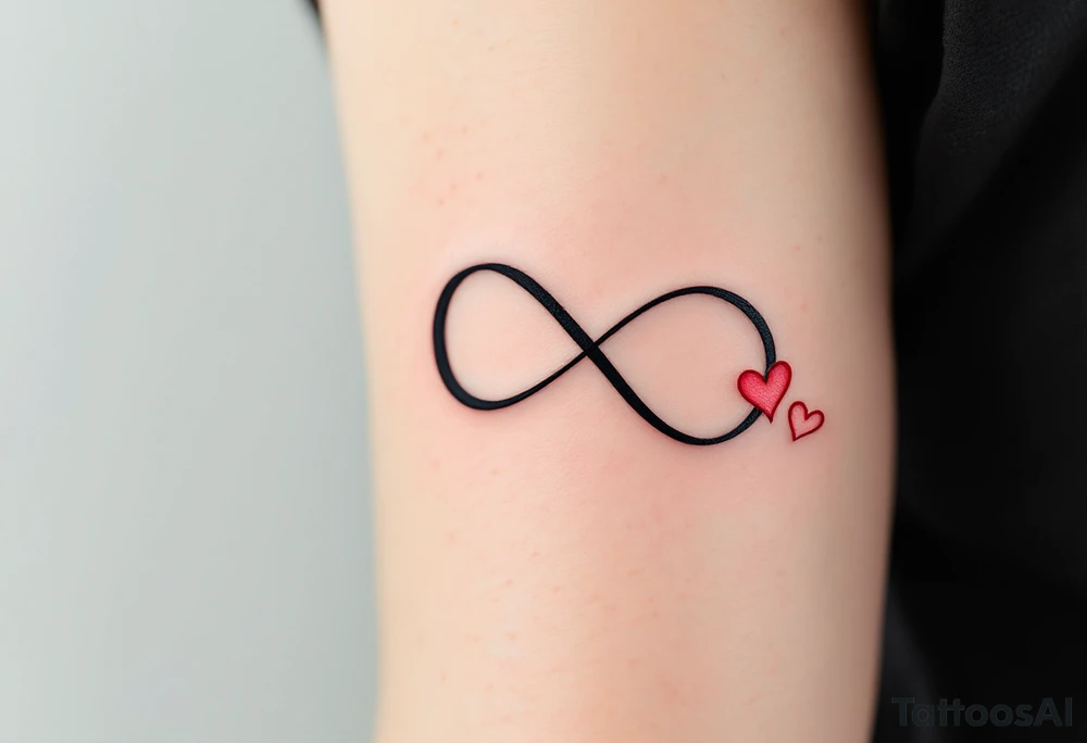A bold black infinity sign entwined with two matching red hearts at each loop end. tattoo idea