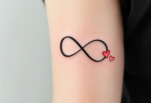 A bold black infinity sign entwined with two matching red hearts at each loop end. tattoo idea