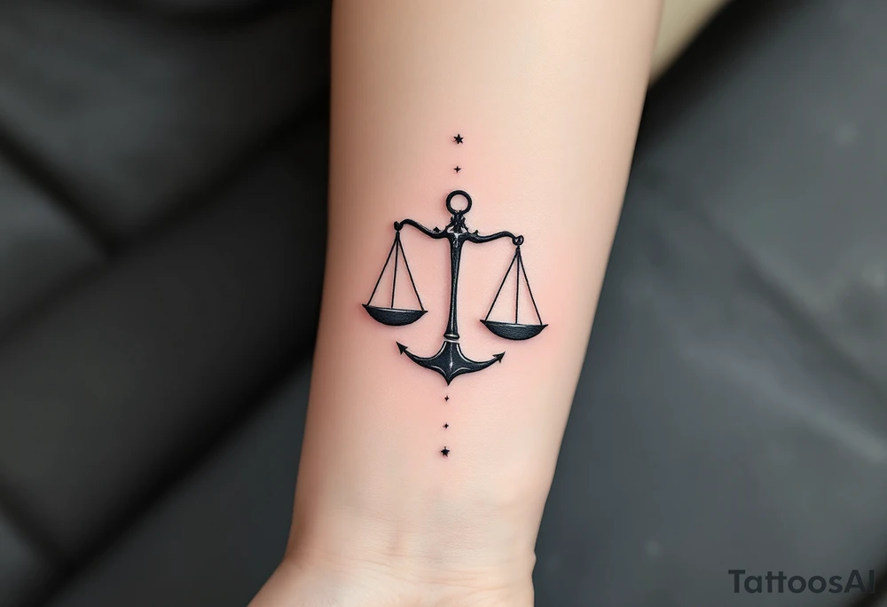 The Libra symbol in bold black anchors a silver-ink star path . tattoo idea