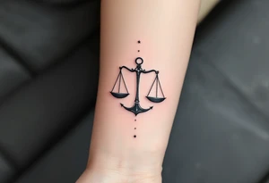 The Libra symbol in bold black anchors a silver-ink star path . tattoo idea