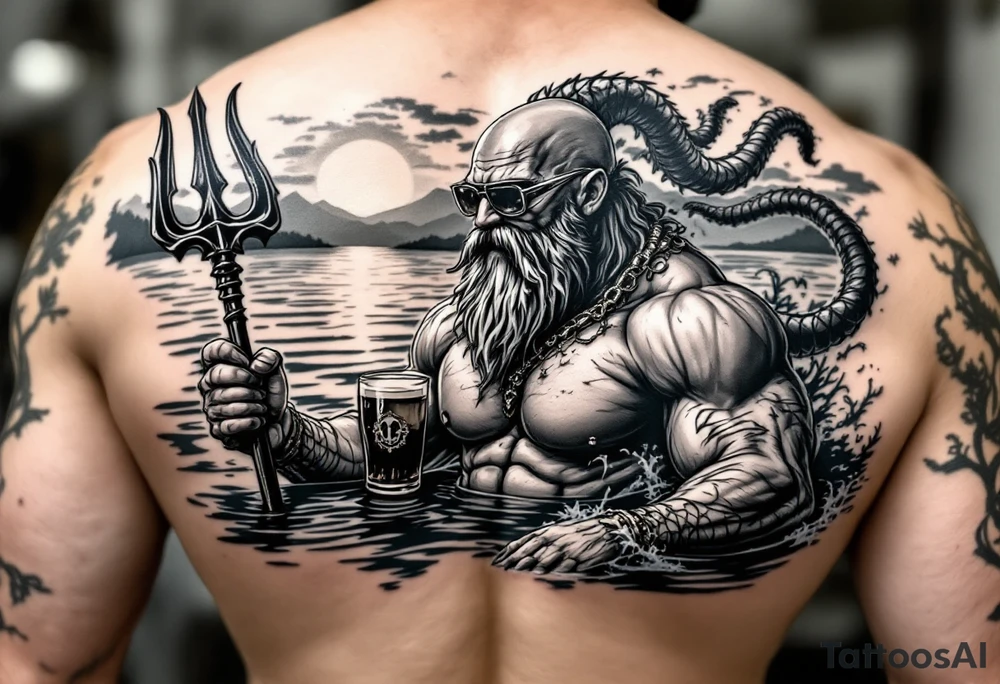 young, happy, fit, balding, poseidon in calm water, holding a trident, drinking a beer, with sunset, with ski boat, with sunglasses tattoo idea