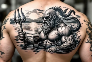 young, happy, fit, balding, poseidon in calm water, holding a trident, drinking a beer, with sunset, with ski boat, with sunglasses tattoo idea