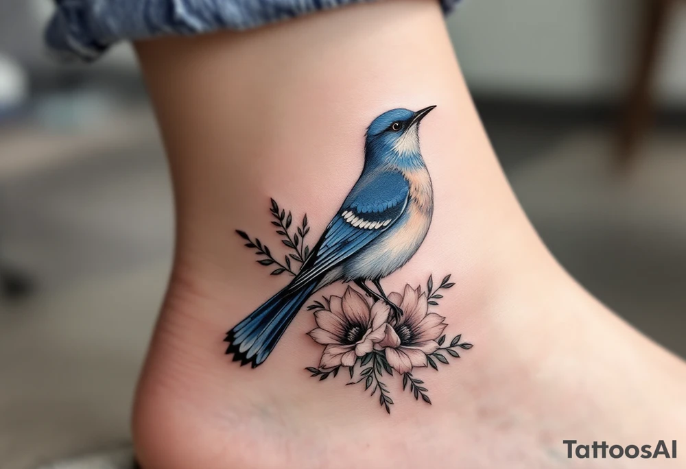 Blue bird with thick floral at the bottom tattoo idea