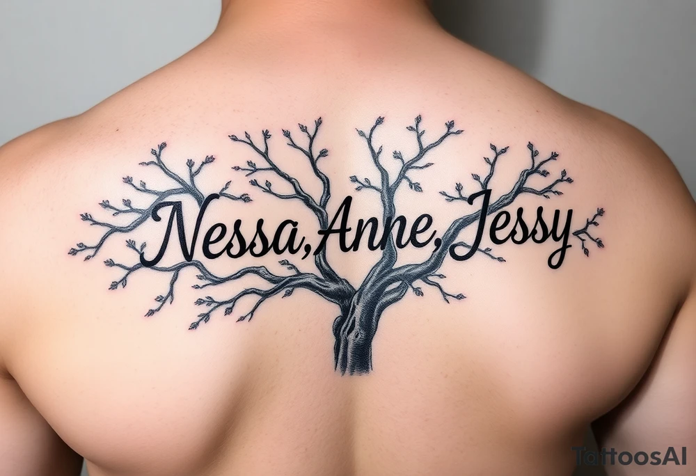 the name Nessa, Anne, Jessy
 on a live tree tattoo idea