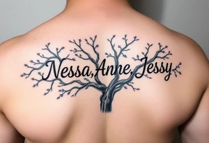 the name Nessa, Anne, Jessy
 on a live tree tattoo idea
