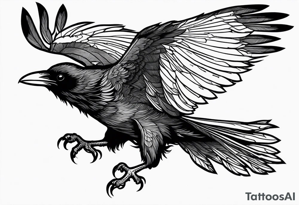 a scary black raven landing on the back of a wolf tattoo idea