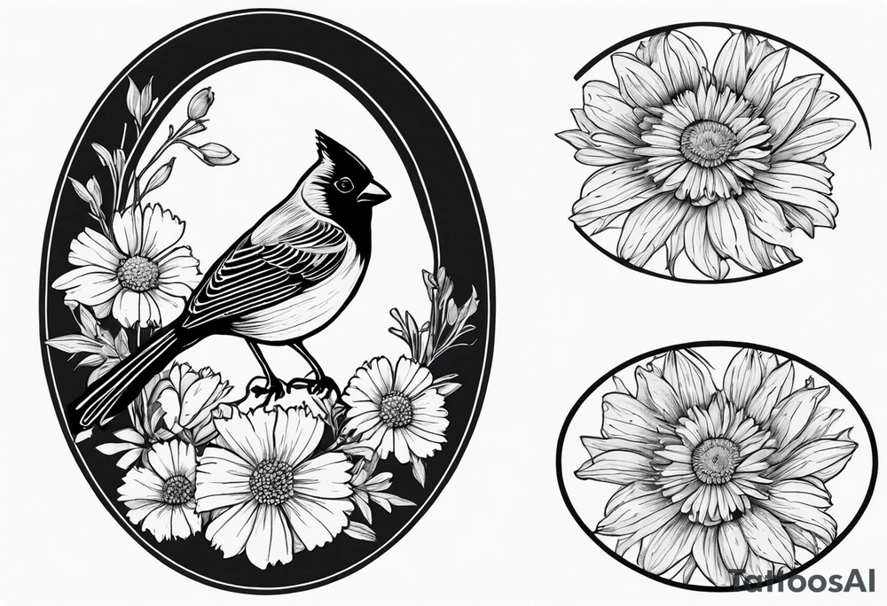 Oval shape with sea rocket and aster flowers with a small cardinal room in the center for a signature less ornate make the cardinal smaller and leave the center empty smaller cardinal and put it on the flowers tattoo idea