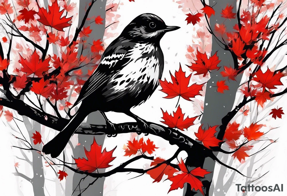 trash polka style. Arm tattoo. chest tattoo. Long tattoo. large tattoo. Full sleeve. Shoulder. A single large maple tree with red autumn leaves that branches upwards from wrist to shoulder. White-throated dipper bird on the trees branches. Calluna flowers at the base of the trees stem. Leaves falling. tattoo idea