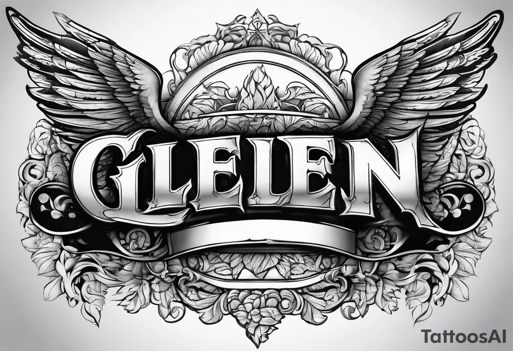 The word Glenn on a banner with angel Wings tattoo idea