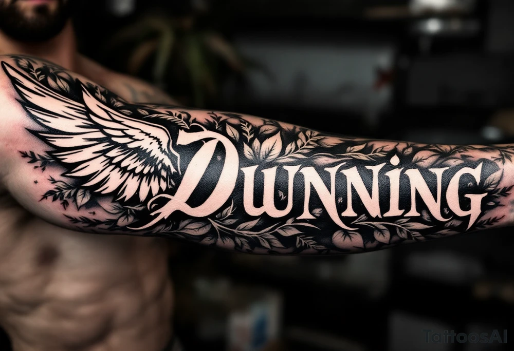 Dunning,on left forearm details include angel wing, greek type of font,jungle leaves , tiger claw scratch tattoo idea