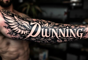 Dunning,on left forearm details include angel wing, greek type of font,jungle leaves , tiger claw scratch tattoo idea