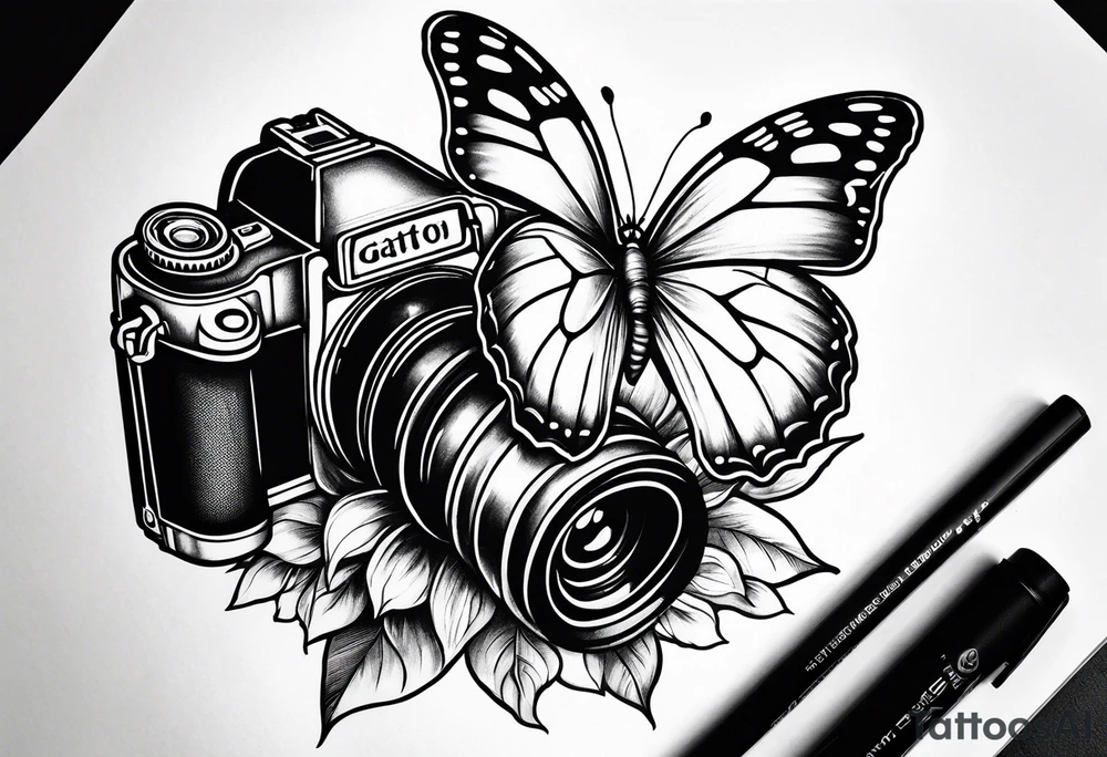 Butterfly, sunflower, camera, book, flower rose tattoo idea