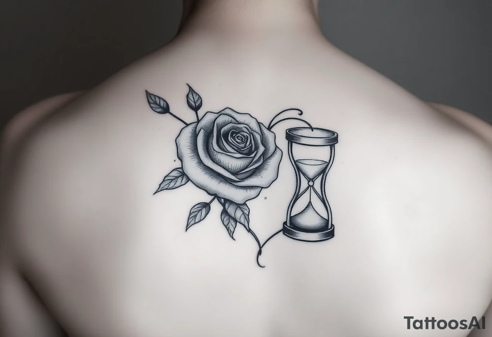 Arose in the shape of a heart with pieces of the Rose blowing away in the wind and the other half an hourglass with the sand out of time black and white feminine tattoo idea