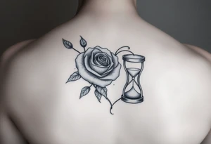 Arose in the shape of a heart with pieces of the Rose blowing away in the wind and the other half an hourglass with the sand out of time black and white feminine tattoo idea