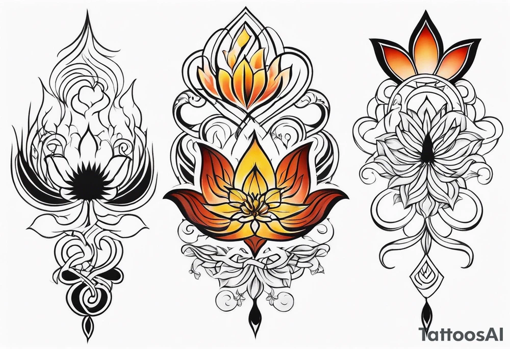 one vertical tattoo that combines lotus flower, phoenix and helix, strength and resilience symbols tattoo idea