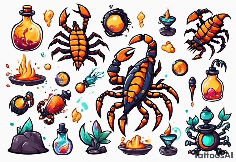 background that represents game development and designs with a scorpion make it magical, and cute tattoo idea