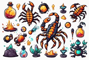 background that represents game development and designs with a scorpion make it magical, and cute tattoo idea