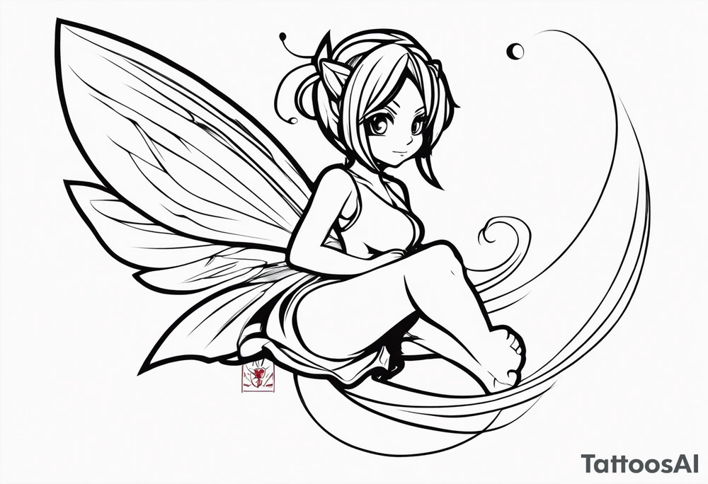 No color fairy with a tail inspired by the logo of the anime show called Fairy Tail in a fetal position leaning in and forward in the air flying tattoo idea