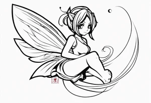 No color fairy with a tail inspired by the logo of the anime show called Fairy Tail in a fetal position leaning in and forward in the air flying tattoo idea