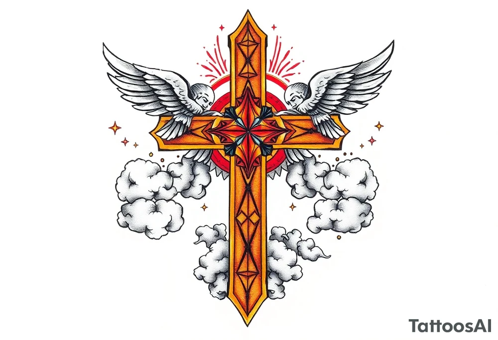 cast all your anxiety on him because he cares for you"  1 peter 5:7 with angels and clouds,cross tattoo idea