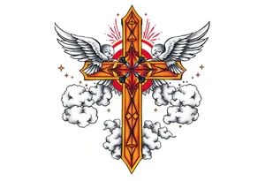 cast all your anxiety on him because he cares for you"  1 peter 5:7 with angels and clouds,cross tattoo idea