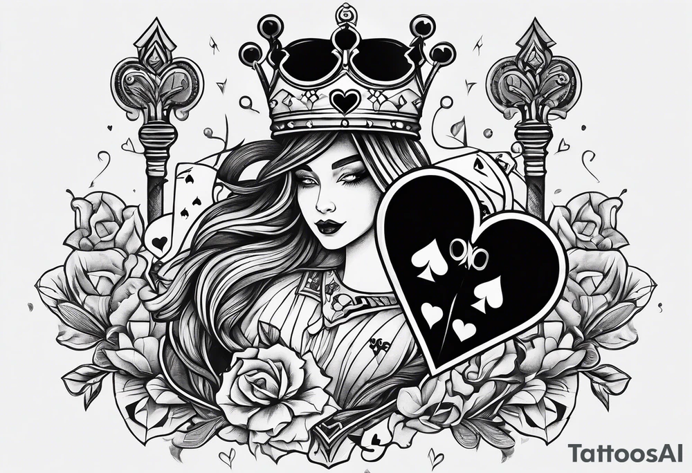 one combined tatto in minimalistic style with three king of spades and one queen of hearts tattoo idea