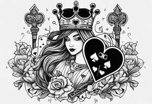 one combined tatto in minimalistic style with three king of spades and one queen of hearts tattoo idea