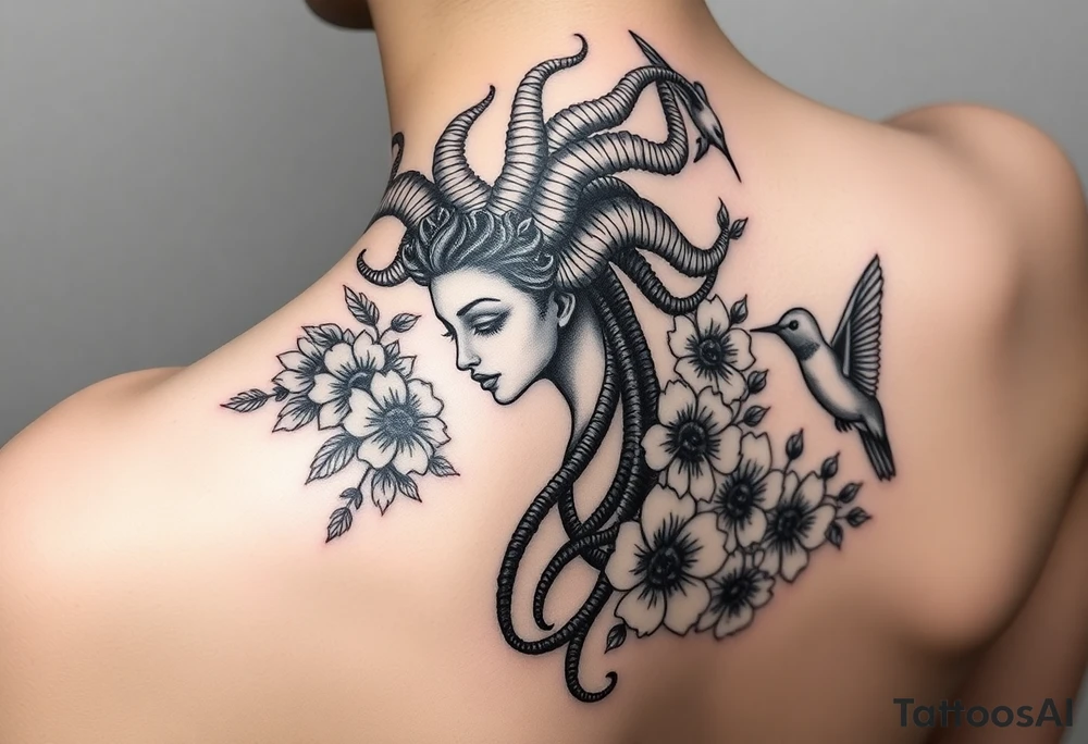 medusa surrounded by hummingbirds and flowers tattoo idea
