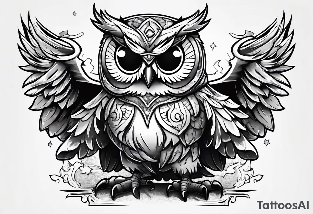 cartoon owl dressed up in a ghost halloween costume in a wrestling ring against a cow tattoo idea