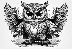 cartoon owl dressed up in a ghost halloween costume in a wrestling ring against a cow tattoo idea