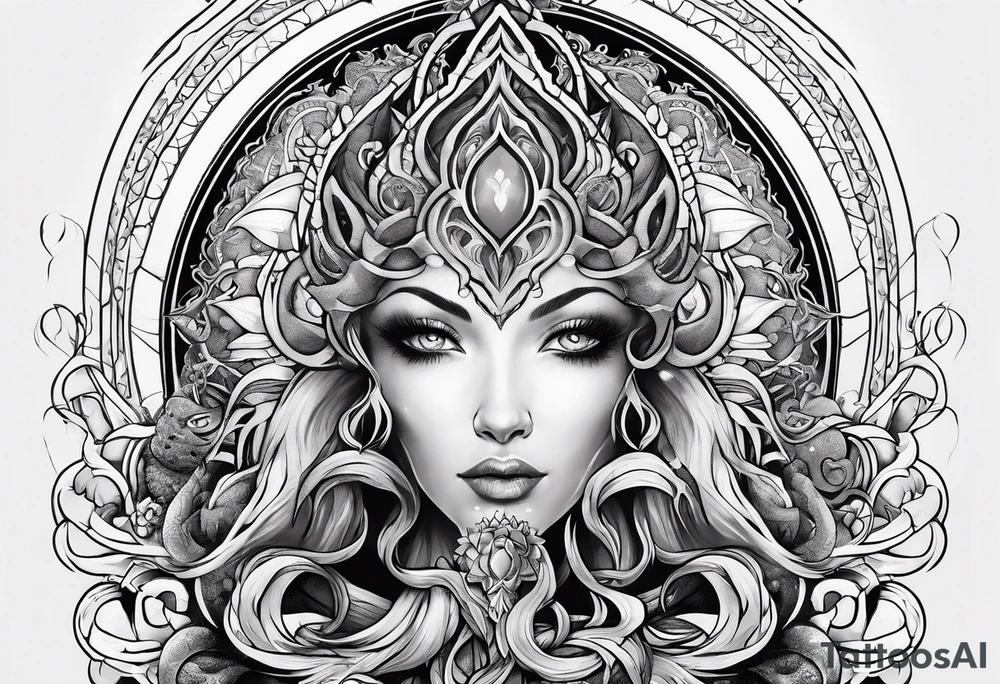Vertical full sleeve. Lovecraftian creature, protecting a token of love. tattoo idea