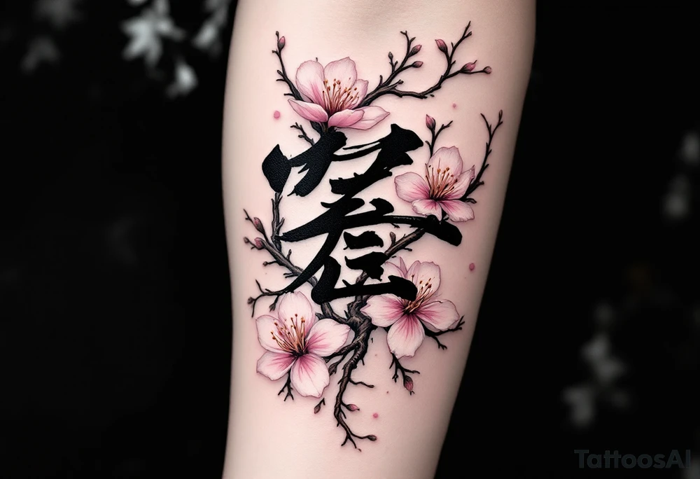 Cherry Blossom with Kanji – A few soft pink blossoms and brown branches, surrounding a black Kanji symbol representing “love,” “strength,” or “rebirth.” tattoo idea