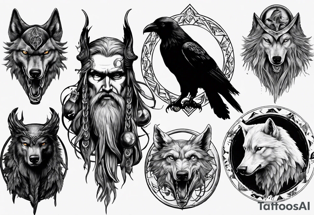 collage of Odin, his wolves, and his ravens tattoo idea