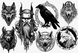 collage of Odin, his wolves, and his ravens tattoo idea