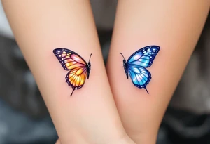 A set of delicate twin butterflies, one glowing with golden hues and the other shimmering in icy blue, symbolizing transformation and duality. tattoo idea